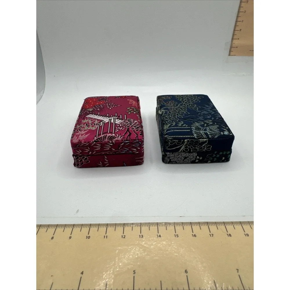 Set Of 2 Asian Ring Jewelry Box Compact Fabric Floral Portable - Rectangle